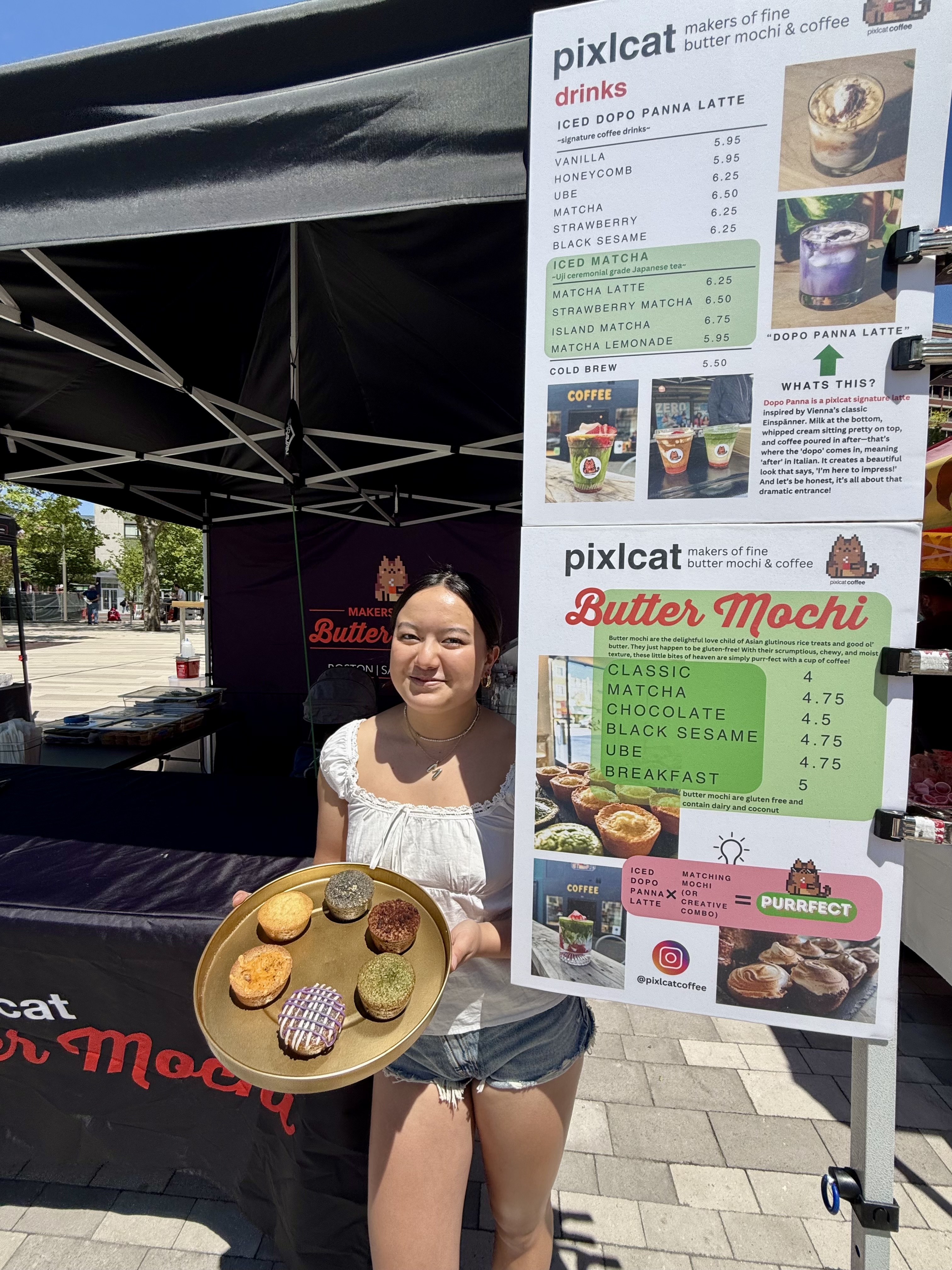 Pixlcat Coffee farmers market stand at Boston Copley Square with butter mochi display