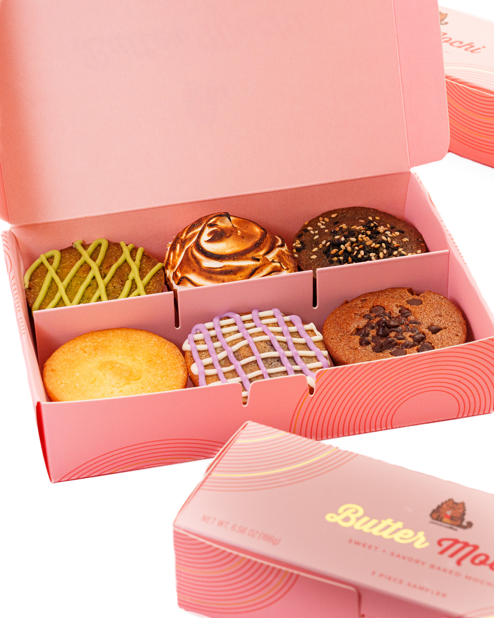 Pixlcat Coffee butter mochi gift box — six naturally gluten-free flavors in a pink box, ready to ship nationwide